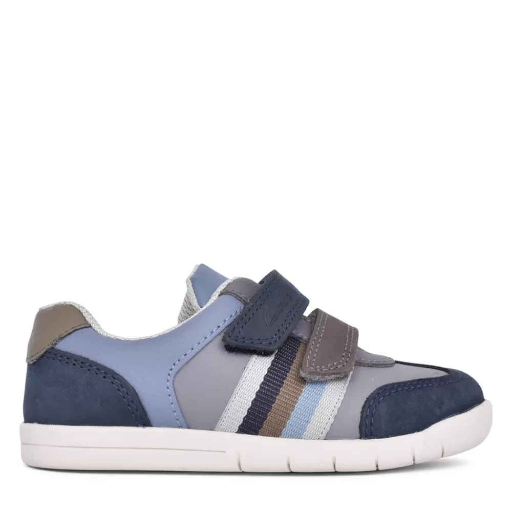 Kids CLARKS Boys Den Stripe Navy Combi Shoe In Kids F Fit