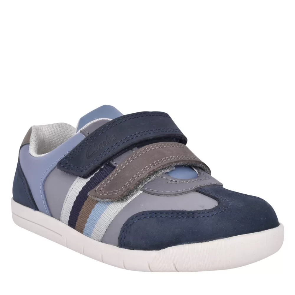 Kids CLARKS Boys Den Stripe Navy Combi Shoe In Kids F Fit