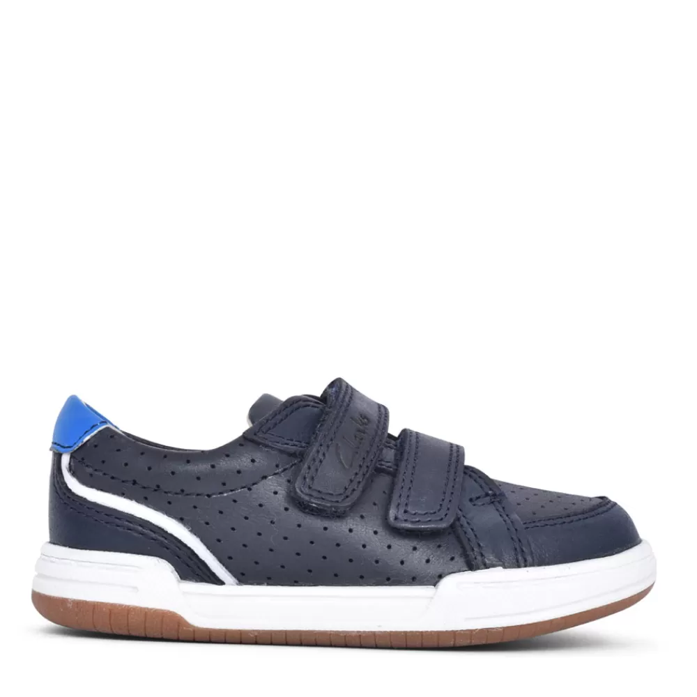 Kids CLARKS Boys Fawn Solo Navy Leather Velcro Shoe In Kids F Fit