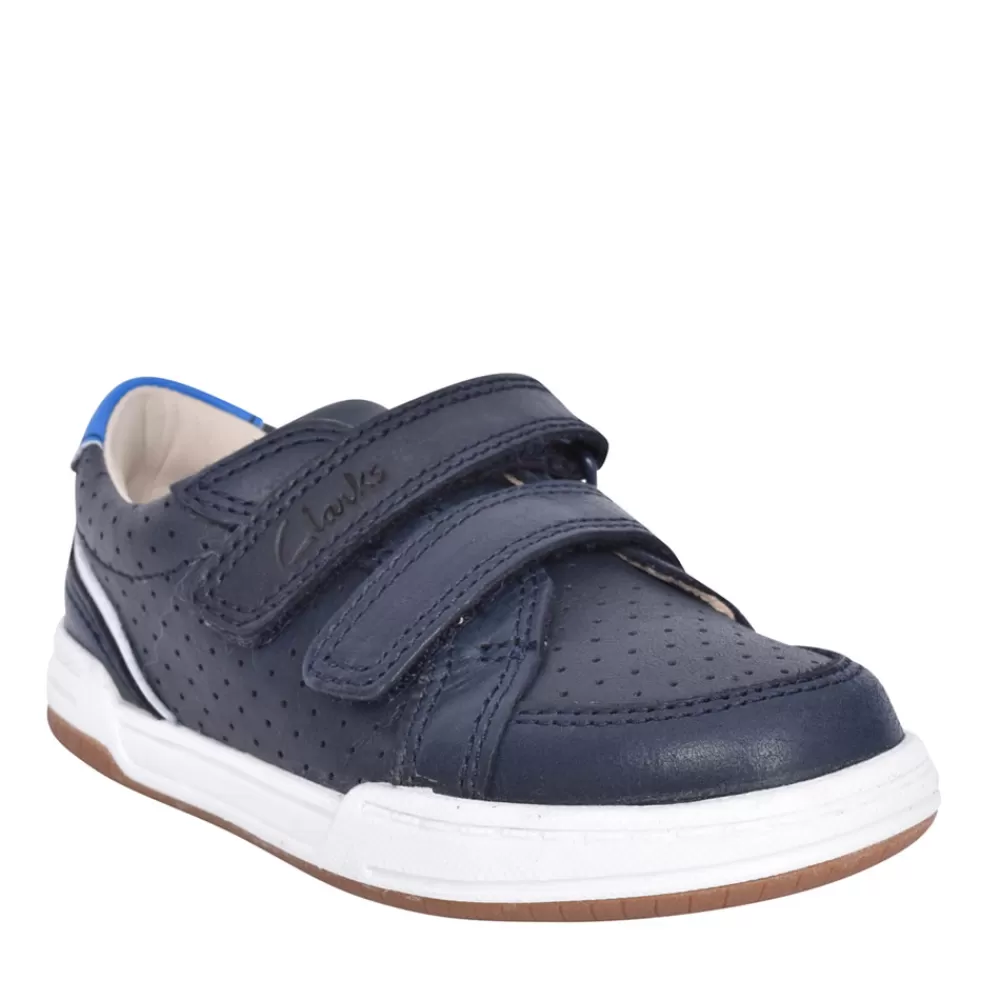 Kids CLARKS Boys Fawn Solo Navy Leather Velcro Shoe In Kids F Fit