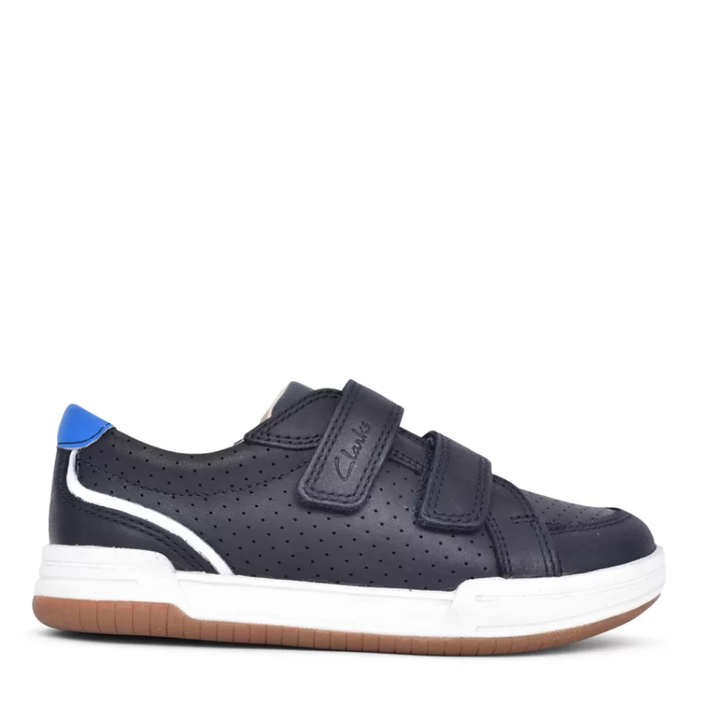 Kids CLARKS Boys Fawn Solo Navy Leather Velcro Shoe In Kids G Fit