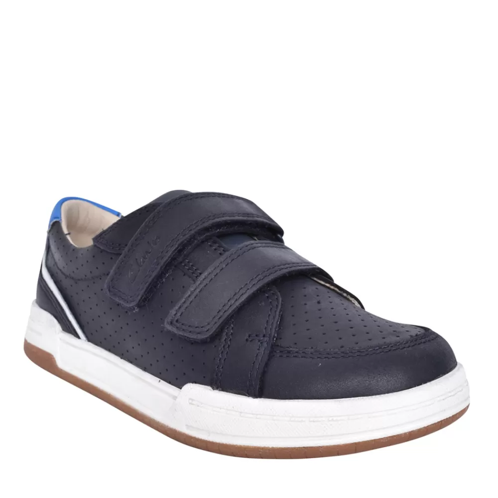 Kids CLARKS Boys Fawn Solo Navy Leather Velcro Shoe In Kids G Fit