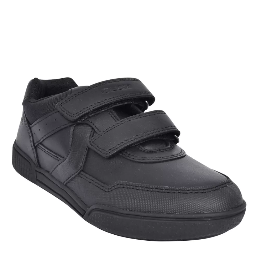 Kids GEOX Boys J02Bca Poseido Double Velcro Shoe In Blk Leather