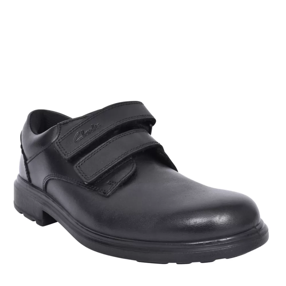 Kids CLARKS Boys Remi Pace Black Leather Velcro Shoe In Kids G Fit