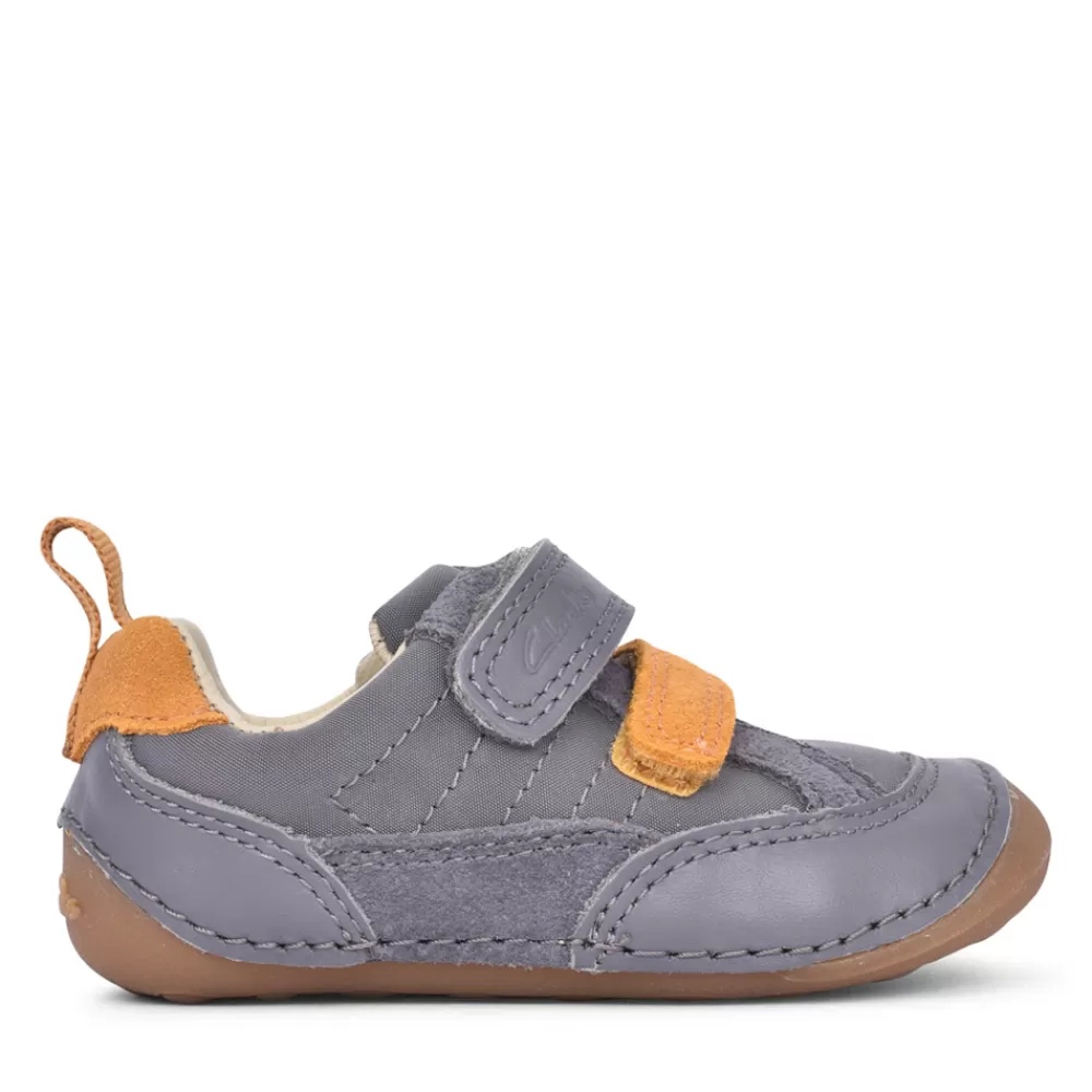 Kids CLARKS Boys Tiny Fawn Grey Velcro Shoe In Kids G Fit