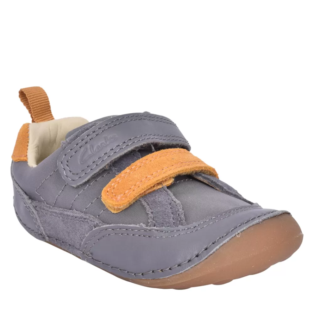 Kids CLARKS Boys Tiny Fawn Grey Velcro Shoe In Kids G Fit