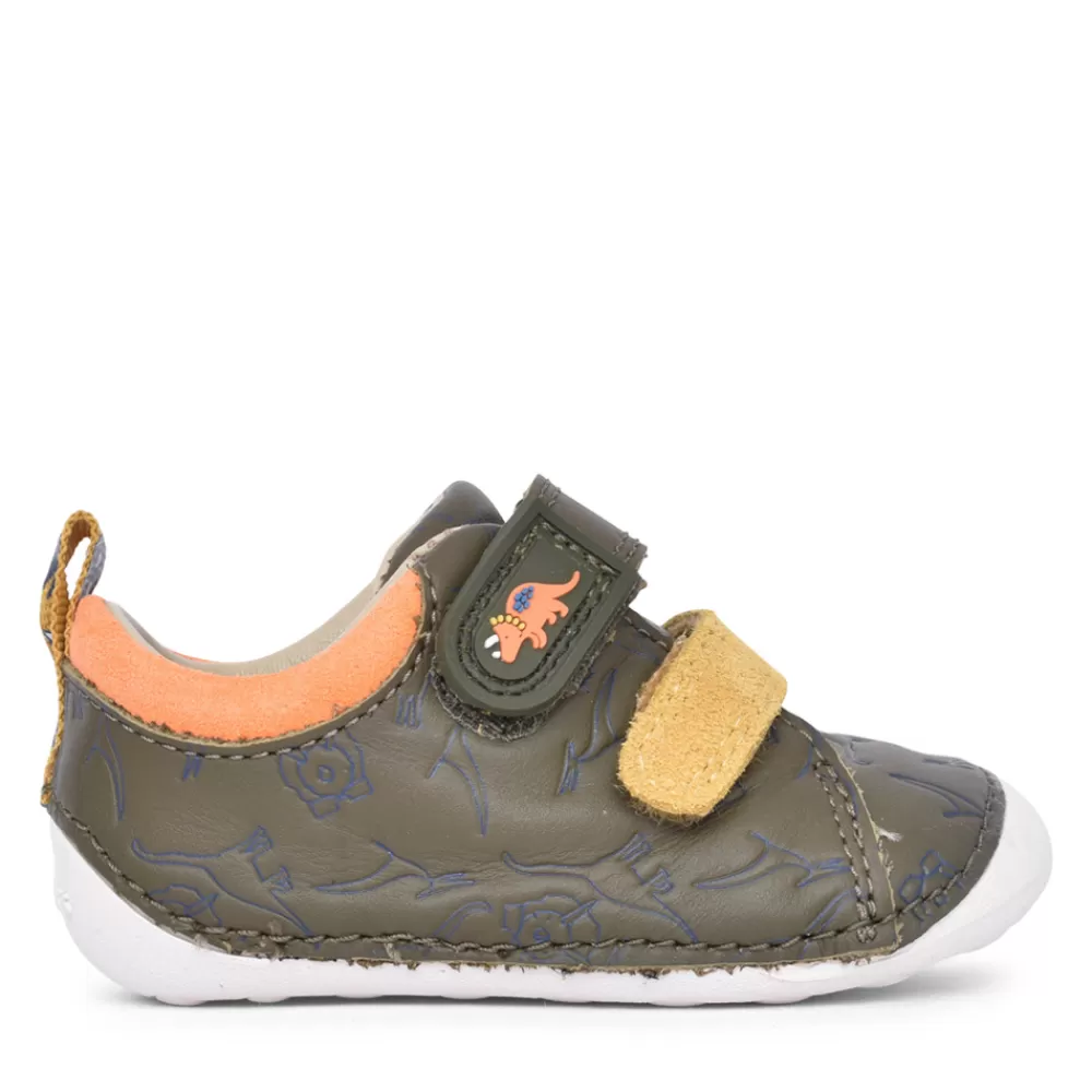 Kids CLARKS Boys Tiny Rex T Khaki Interest Velcro Shoe In Kids G Fit