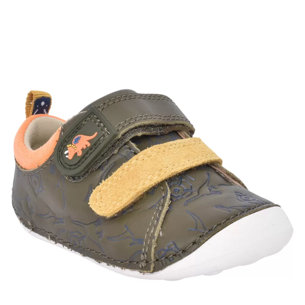Kids CLARKS Boys Tiny Rex T Khaki Interest Velcro Shoe In Kids G Fit
