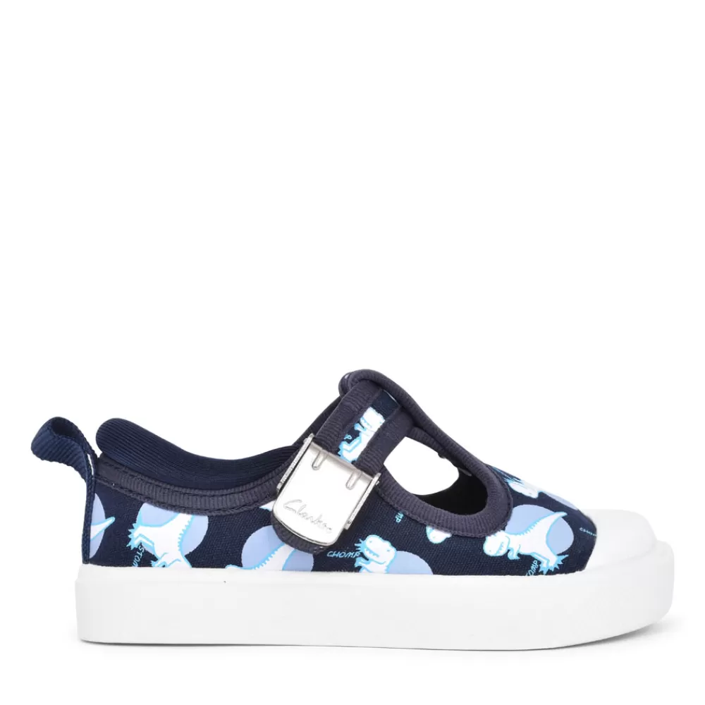 Kids CLARKS Boys Toddler City Dance Navy Interest Canvas T-Bar Shoe In Kids F Fit