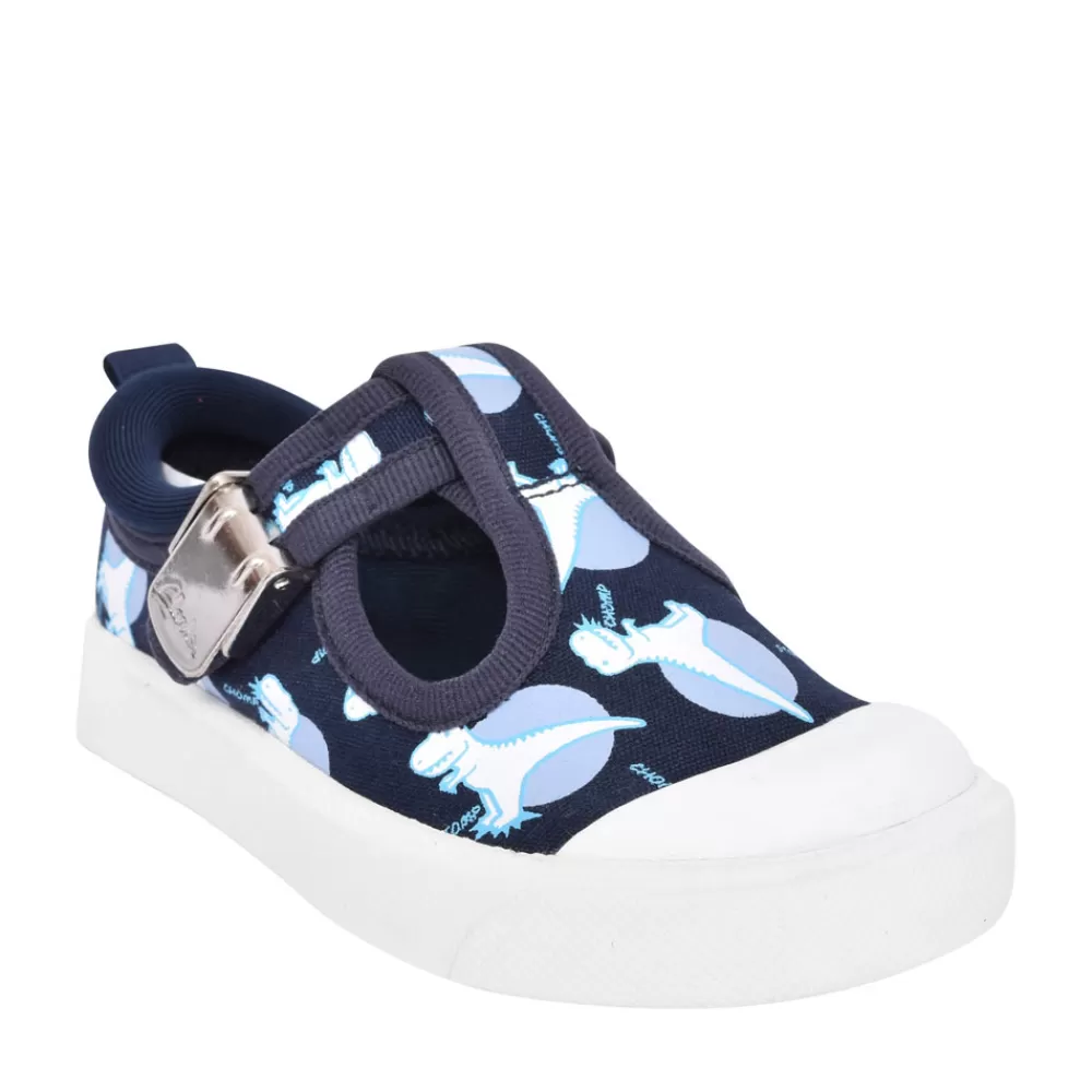 Kids CLARKS Boys Toddler City Dance Navy Interest Canvas T-Bar Shoe In Kids F Fit