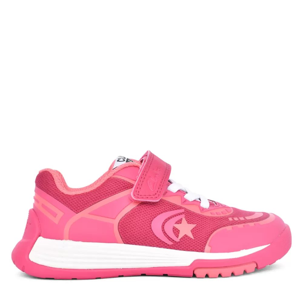 Kids CLARKS Girls Cica Star Flex K Pink Combi Velcro Trainer In Kids F Fit