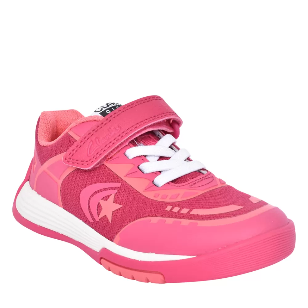 Kids CLARKS Girls Cica Star Flex K Pink Combi Velcro Trainer In Kids F Fit