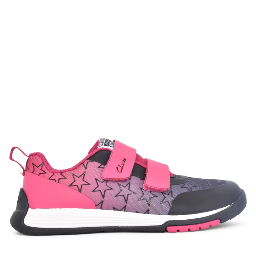 Kids CLARKS Girls Cica Star Run K Pink Combi Velcro Trainer In Kids F Fit