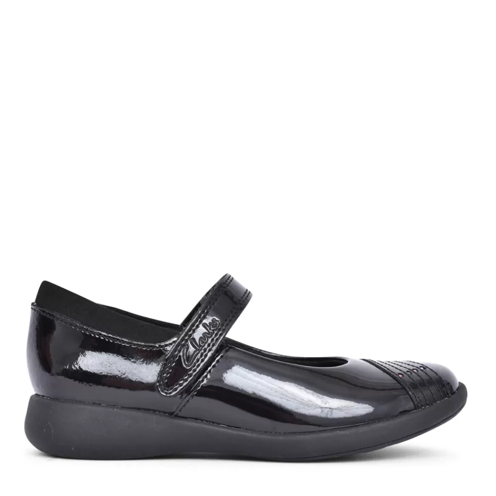 Kids CLARKS Girls Etch Beam Black Patent Shoe In Kids F Fit