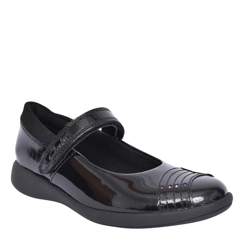 Kids CLARKS Girls Etch Beam Black Patent Shoe In Kids F Fit
