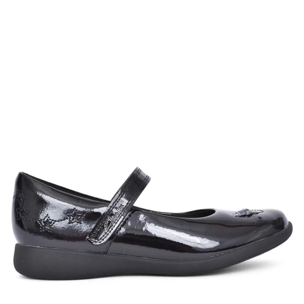 Kids CLARKS Girls Etch Space K Black Patent Velcro Shoe In Kids G Fit