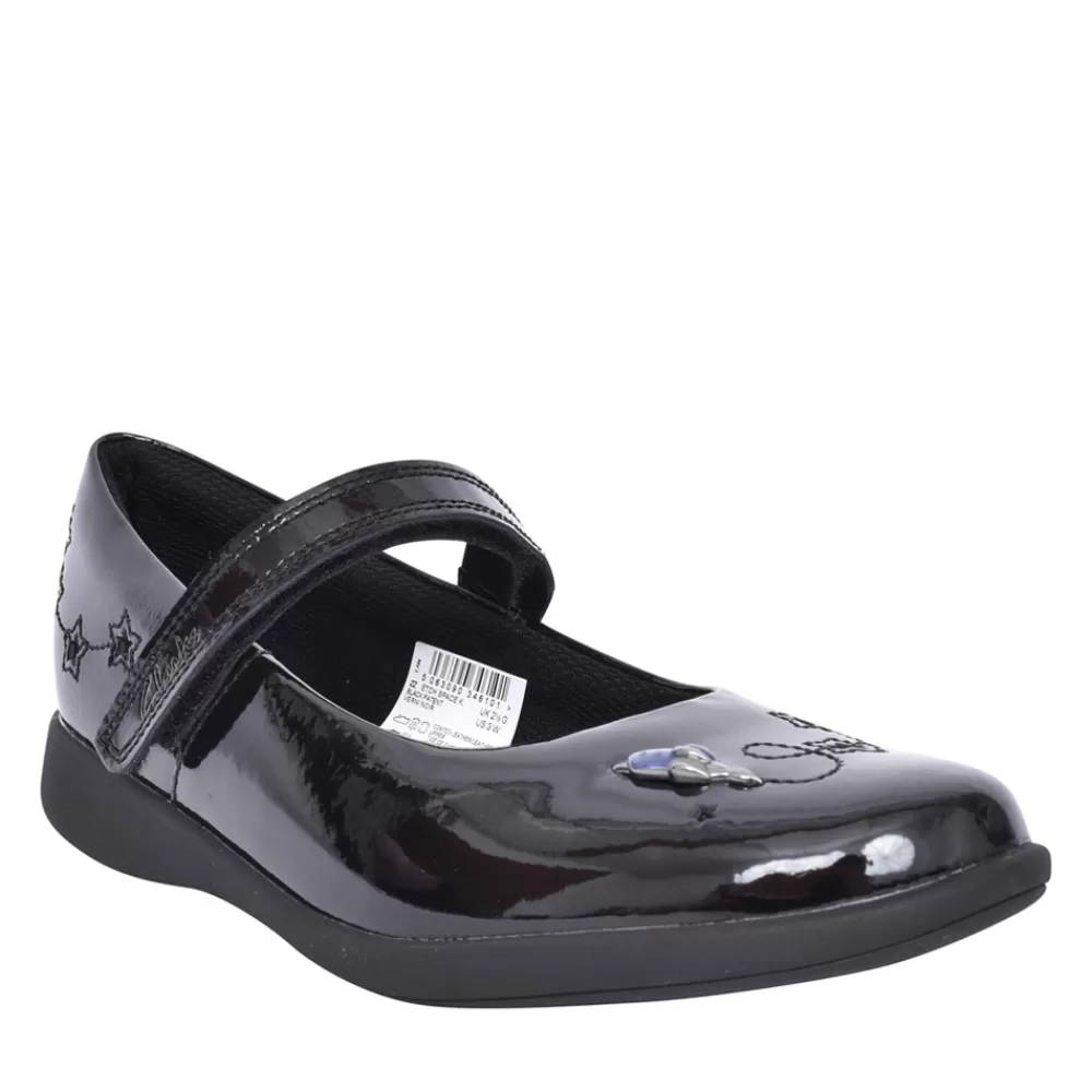 Kids CLARKS Girls Etch Space K Black Patent Velcro Shoe In Kids G Fit
