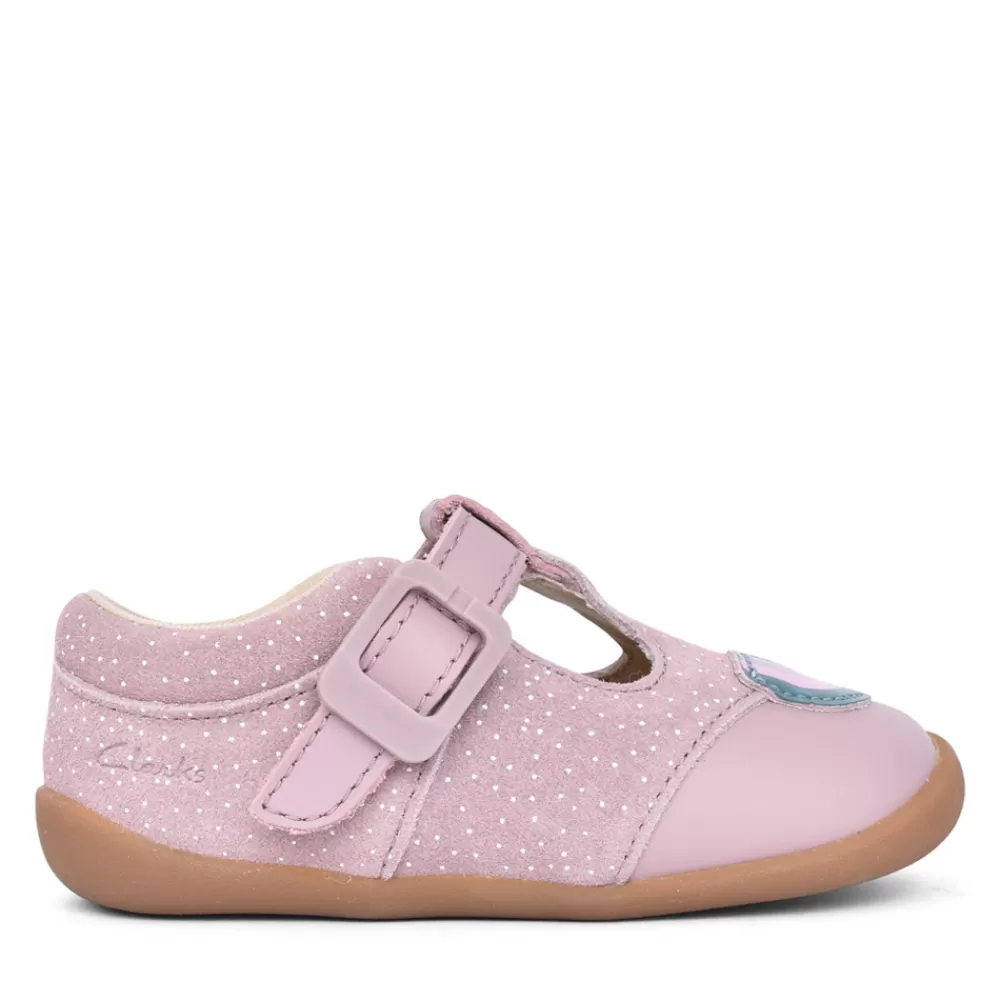 Kids CLARKS Girls Roamer Mist T Dusty Pink T-Bar Shoe In Kids F Fit
