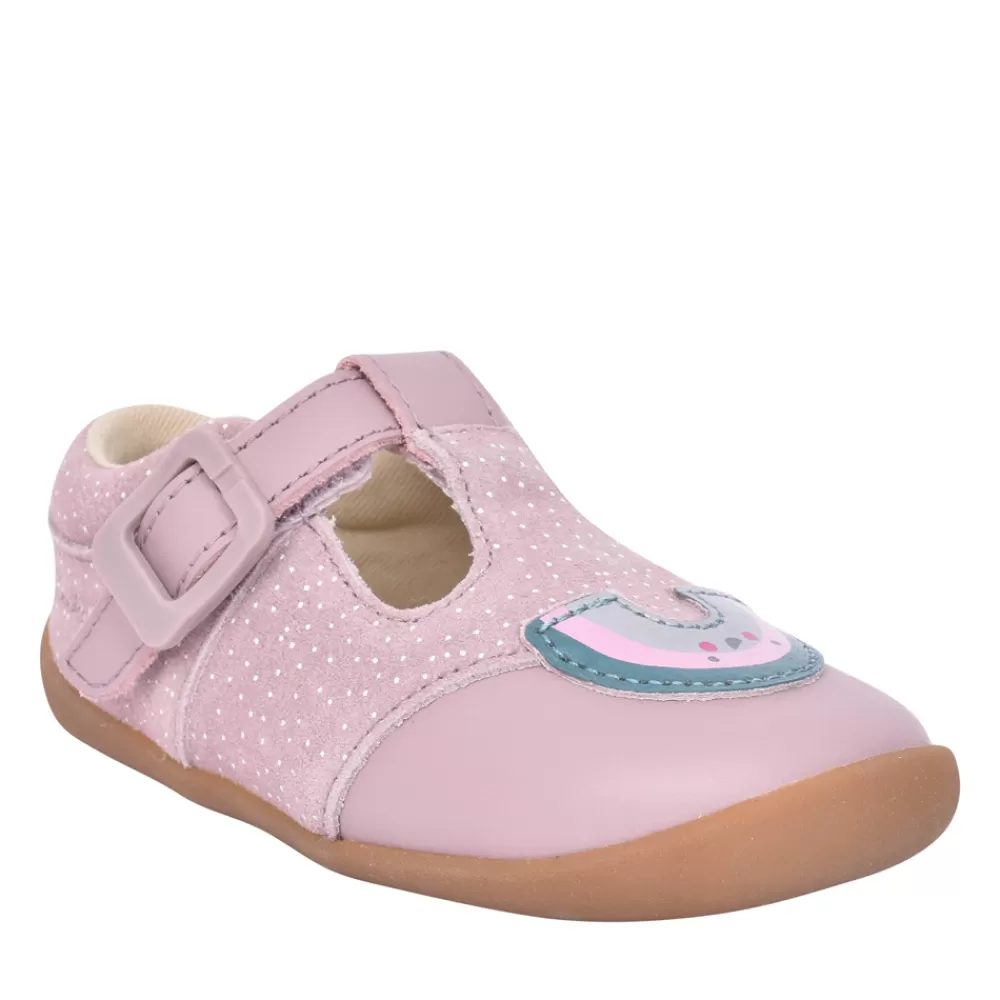 Kids CLARKS Girls Roamer Mist T Dusty Pink T-Bar Shoe In Kids F Fit