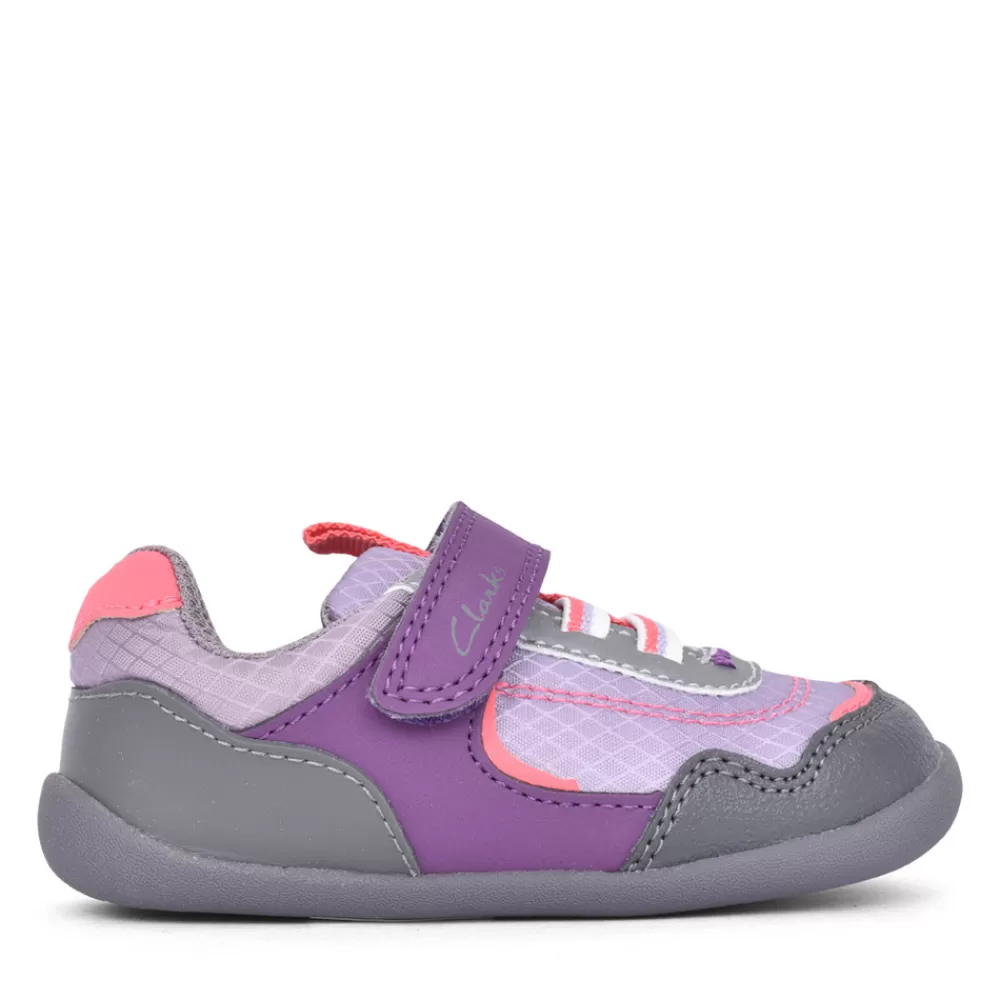 Kids CLARKS Girls Roamer Sport Purple Combi Velcro Shoe In Kids F Fit