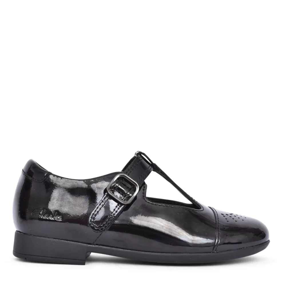 Kids CLARKS Girls Scala Spirit Black Patent T-Bar Shoe In Kids F Fit