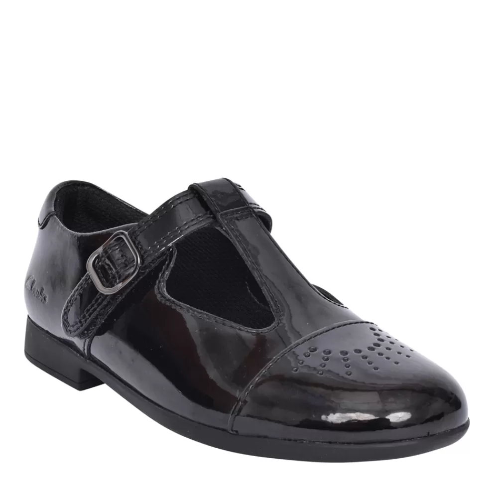 Kids CLARKS Girls Scala Spirit Black Patent T-Bar Shoe In Kids F Fit