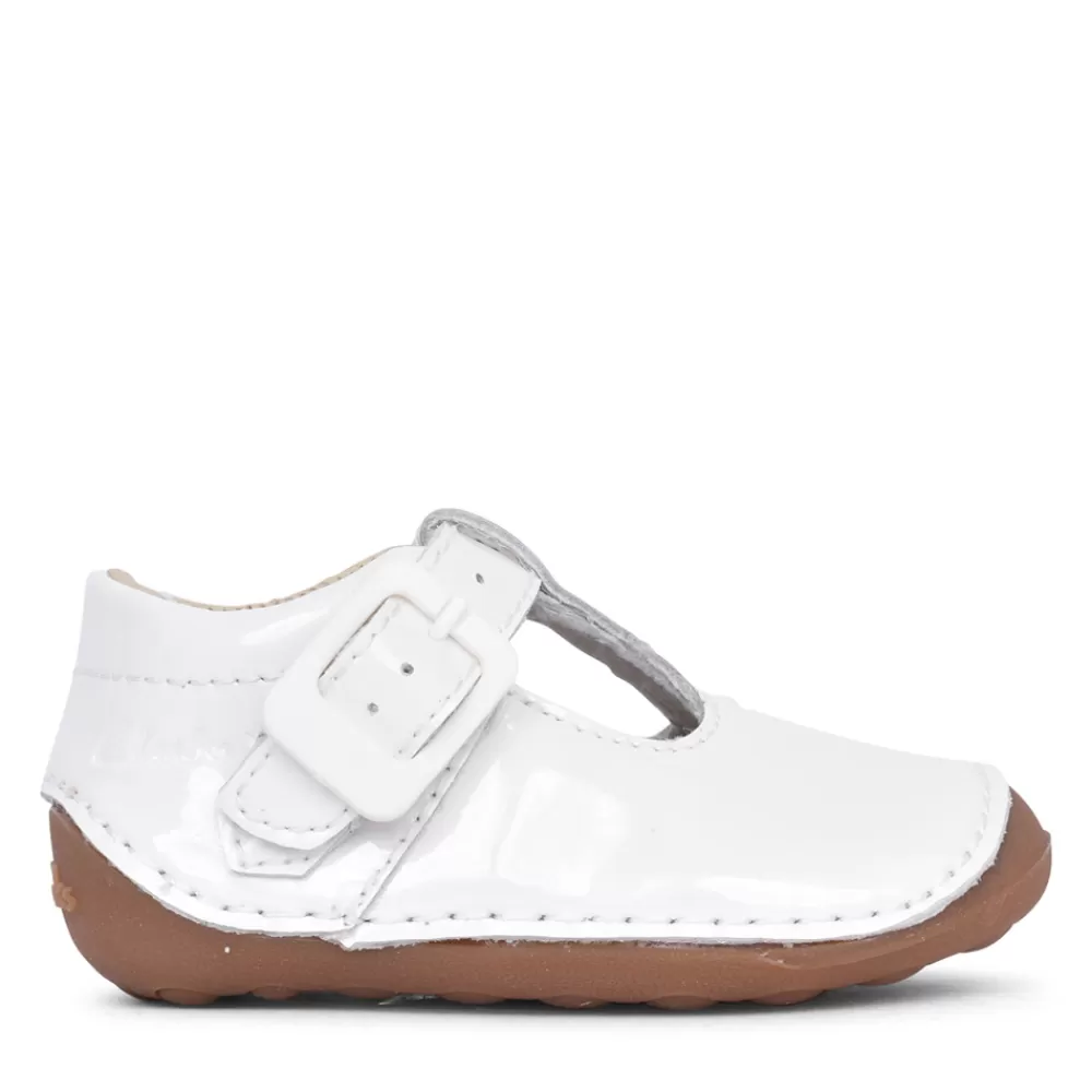 Kids CLARKS Girls Tiny Beat T White Patent T-Bar Shoe In Kids F Fit