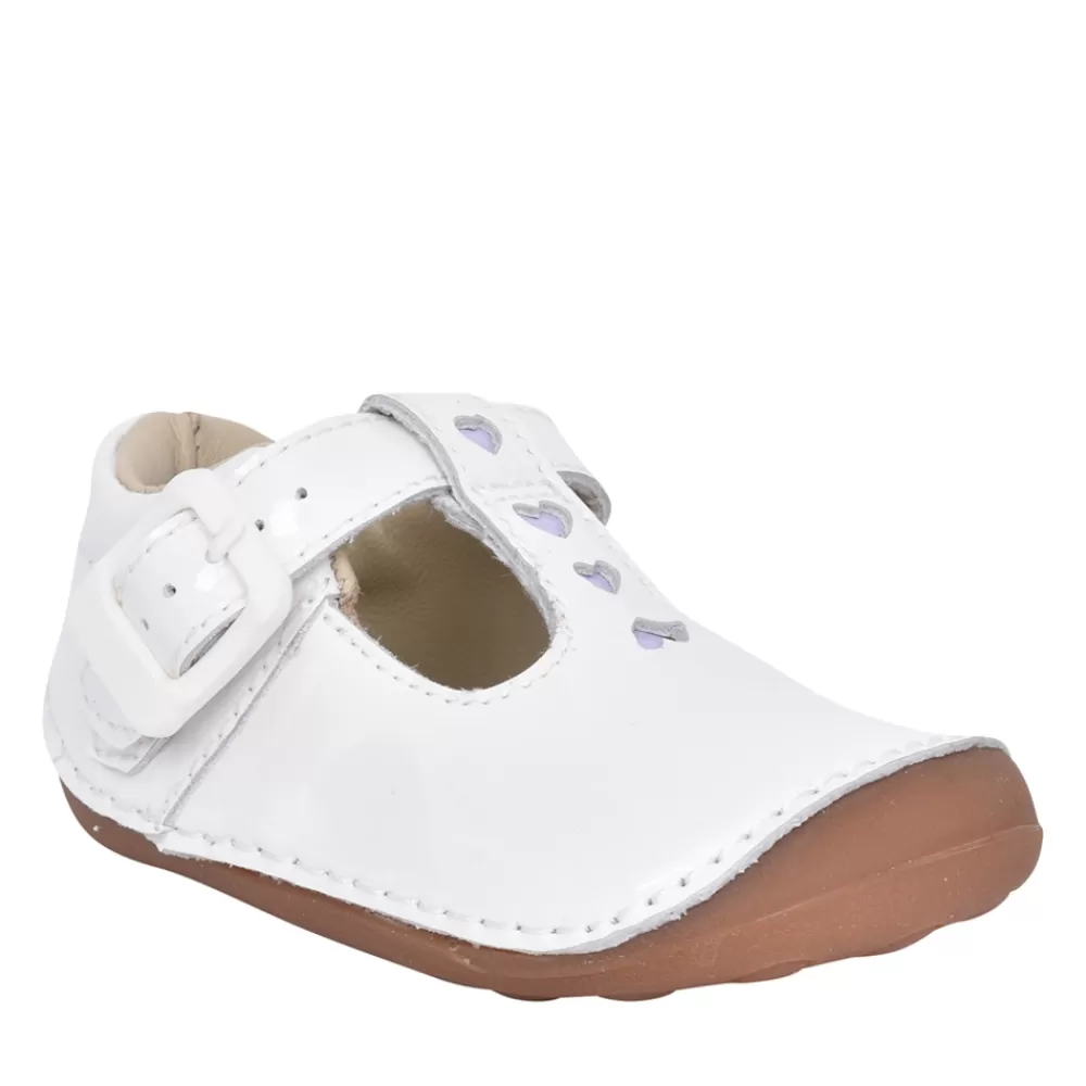 Kids CLARKS Girls Tiny Beat T White Patent T-Bar Shoe In Kids F Fit