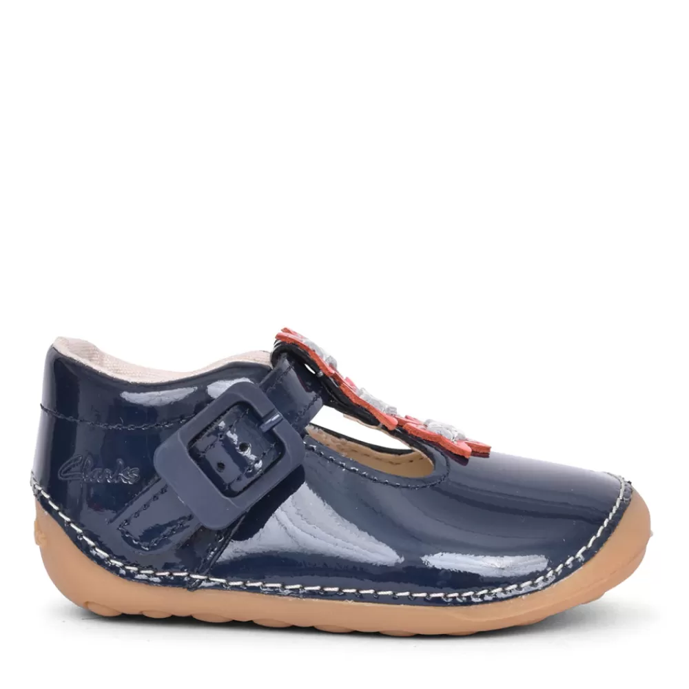 Kids CLARKS Girls Tiny Flower Pre-Walker Navy Patent Shoe In Kids H Fit