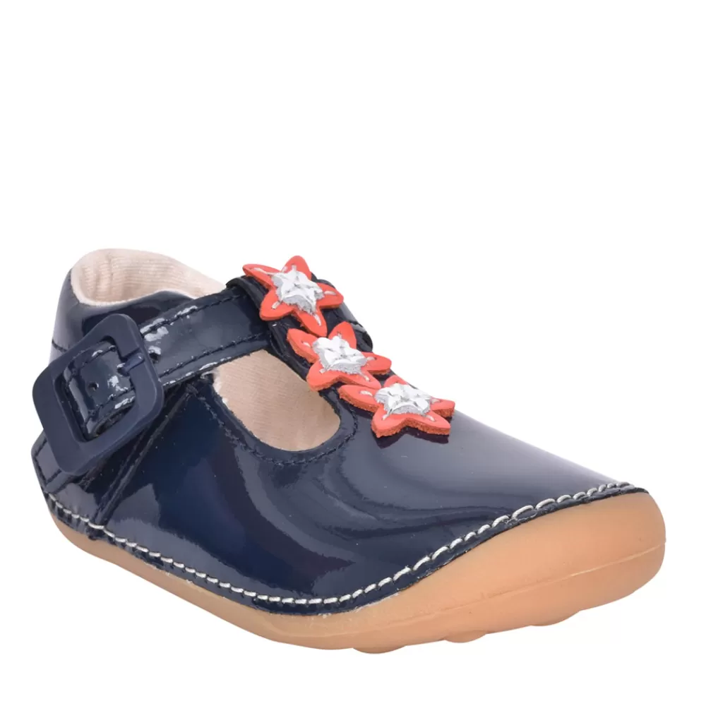 Kids CLARKS Girls Tiny Flower Pre-Walker Navy Patent Shoe In Kids H Fit