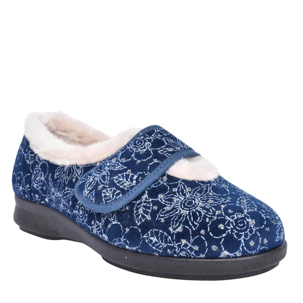 Ladies EASY B Ladies 2V Extra Wide Harper Velcro Slipper In Navy