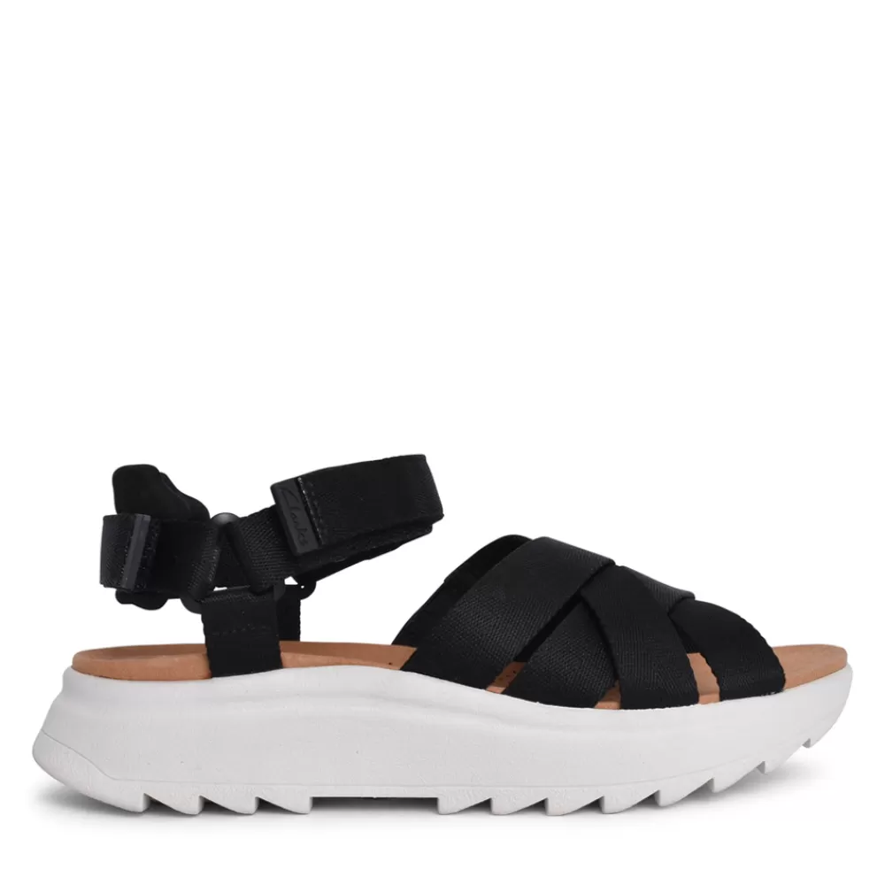 Ladies CLARKS Ladies Dashlite Cros Leather D-Fit Sandal In Black