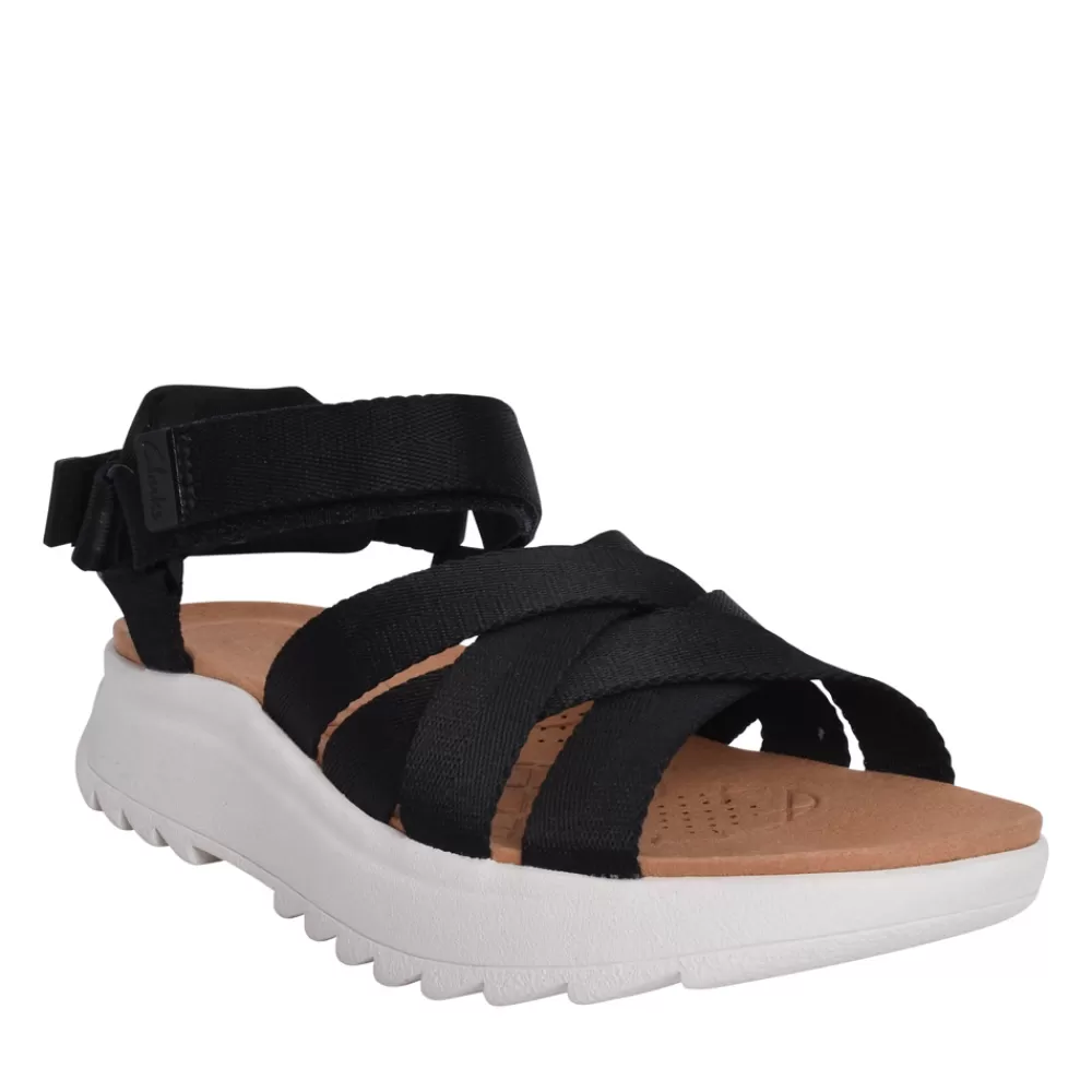 Ladies CLARKS Ladies Dashlite Cros Leather D-Fit Sandal In Black