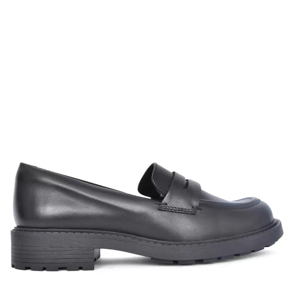 Ladies CLARKS Ladies Orinoco2 Penny Black Leather D-Fit Loafer In Black